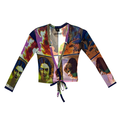 JEAN PAUL GAULTIER 2002 SOLEIL POP ART PORTRAIT MESH WRAP TOP