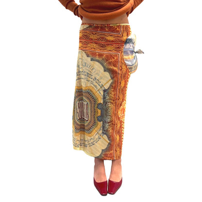 JEAN PAUL GAULTIER 00S SOLEIL BILL PRINT MIDI MESH SKIRT