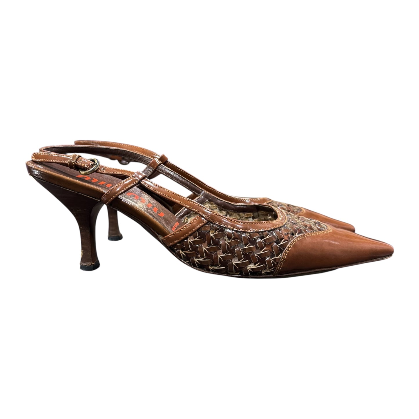 MIU MIU WOVEN BROWN SLINGBACK HEELS