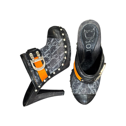 CHRISTIAN DIOR BY JOHN GALLIANO FLIGHT WOODEN MONOGRAM MULES
