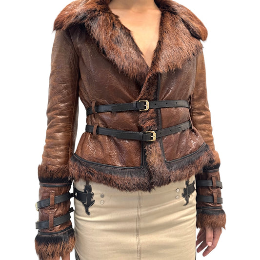 DSQUARED2 BROWN LEATHER FUR BUCKLED JACKET