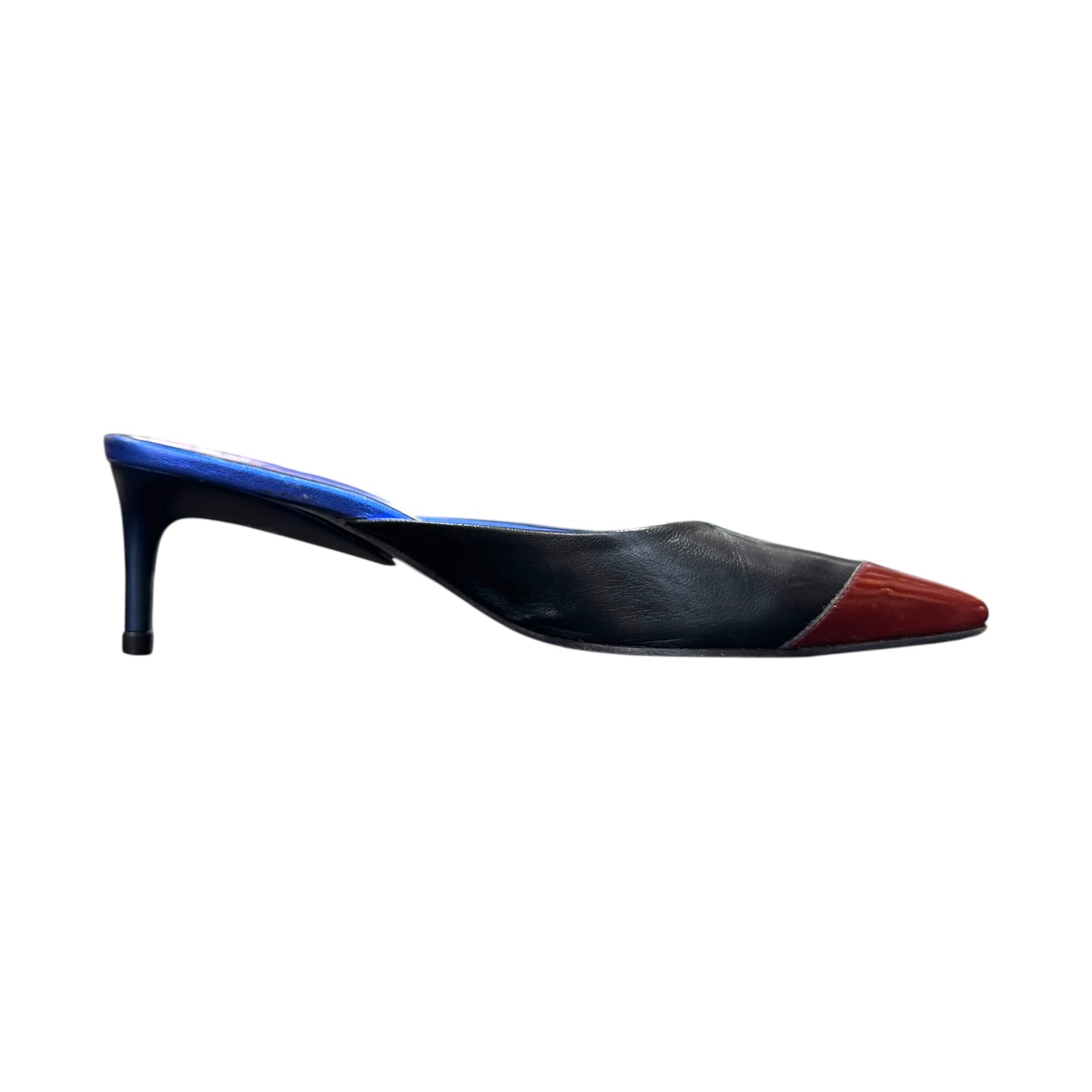 MIU MIU 2000S BLUE METALLIC LIGHT BOLT MULES
