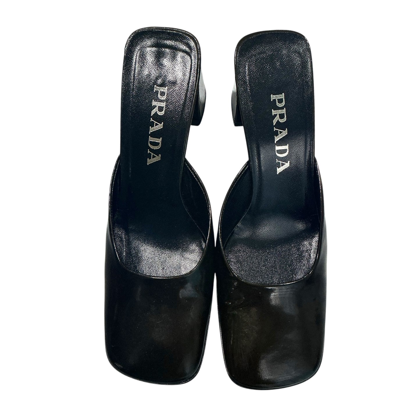 PRADA OLIVE PATENT LEATHER SQUARED HEELS