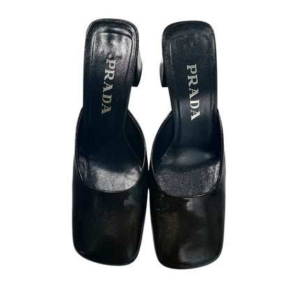 PRADA OLIVE PATENT LEATHER SQUARED HEELS