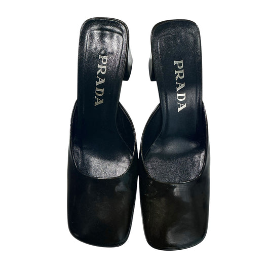 PRADA OLIVE PATENT LEATHER SQUARED HEELS