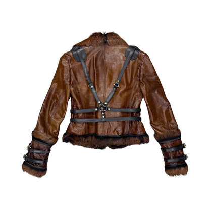 DSQUARED2 BROWN LEATHER FUR BUCKLED JACKET