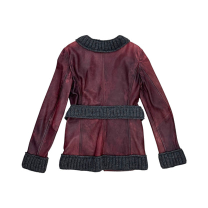 DOLCE & GABBANA 2000S RIBBED KNIT BURGUNDY LEATHER JACKET