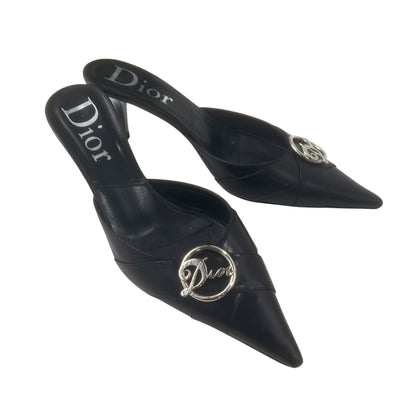 CHRISTIAN DIOR SLIVER LOGO BLACK MULES
