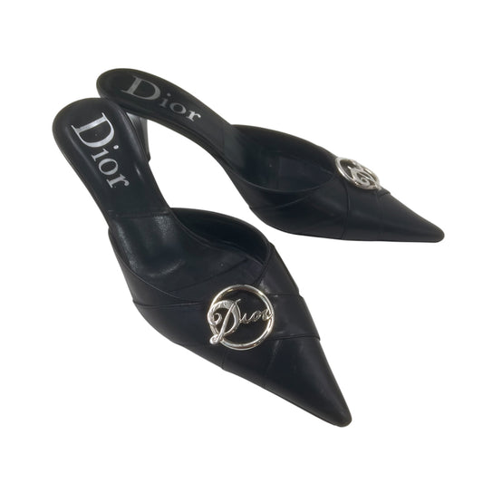 CHRISTIAN DIOR SLIVER LOGO BLACK MULES