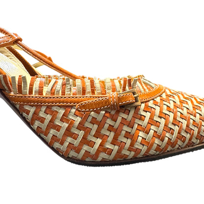 PRADA ORANGE WOVEN RUFFLED LEATHER SLINGBACK HEELS