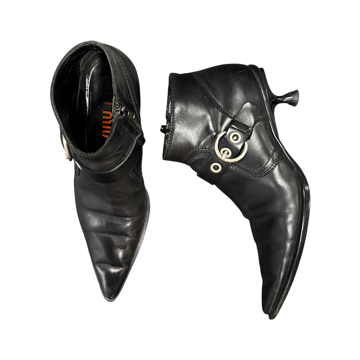 MIU MIU BLACK BUCKLED POINTED ANKLE BOOTS