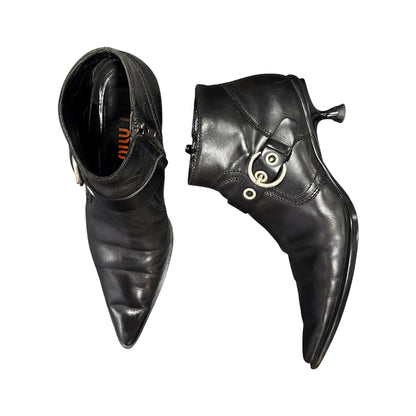 MIU MIU BLACK BUCKLED POINTED ANKLE BOOTS