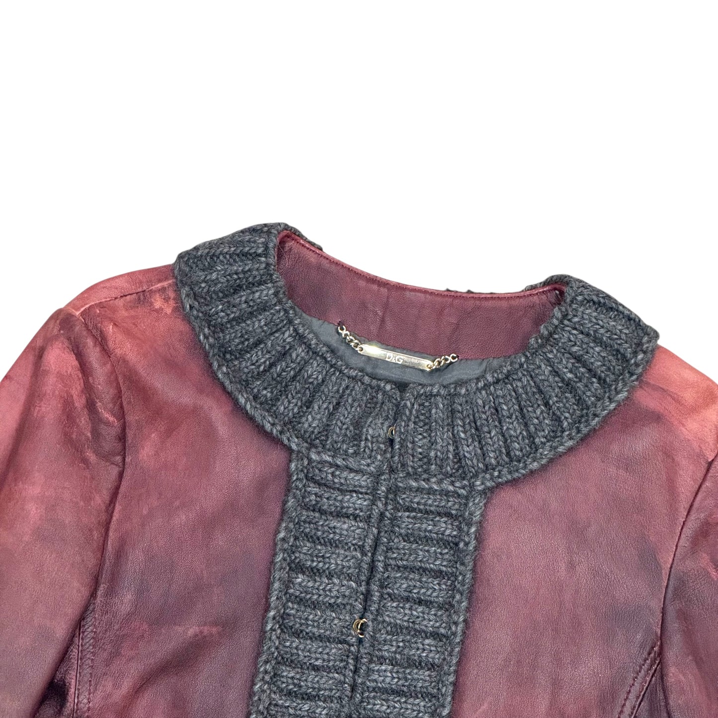DOLCE & GABBANA 2000S RIBBED KNIT BURGUNDY LEATHER JACKET