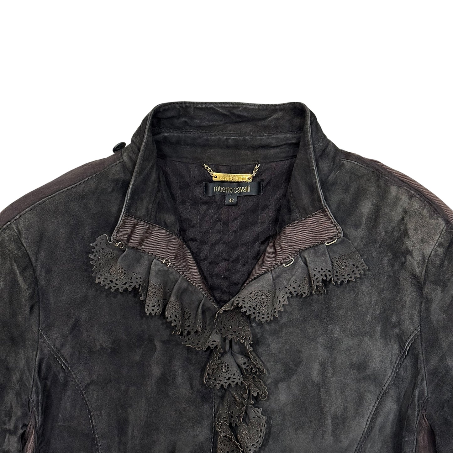 ROBERTO CAVALLI BROWN SUEDE RUFFLED JACKET
