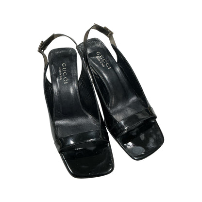 GUCCI BLACK PATENT LEATHER OPEN TOES HEELS