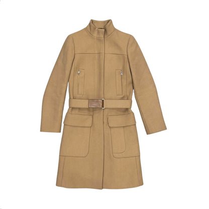 PRADA TAN WOOL BUCKLED COAT