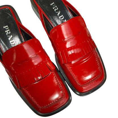 PRADA RED PATENT LEATHER LOAFER MULES