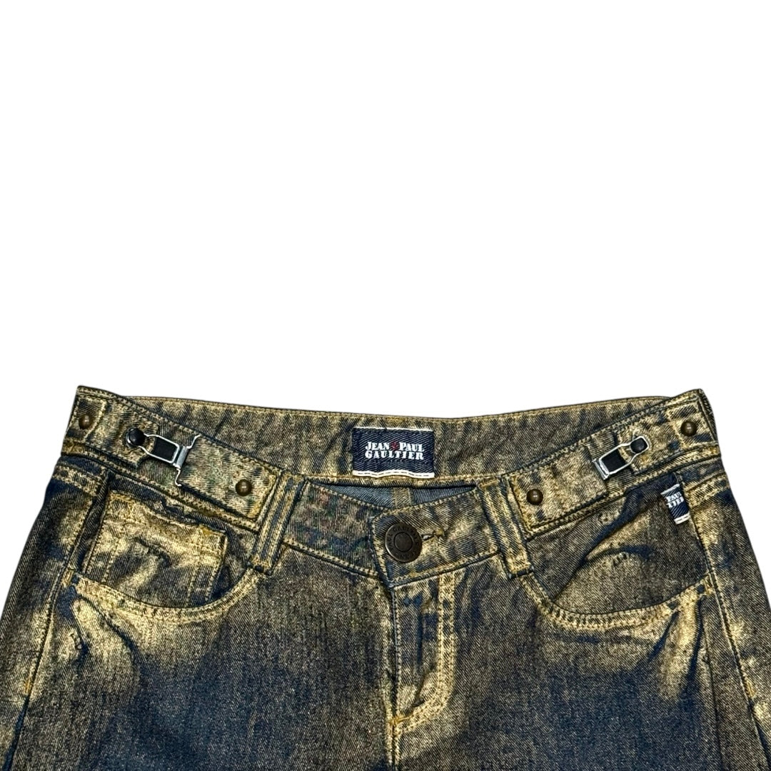 JEAN PAUL GAULTIER GOLD PAINTED STUD HEM CAPRIS PANTS