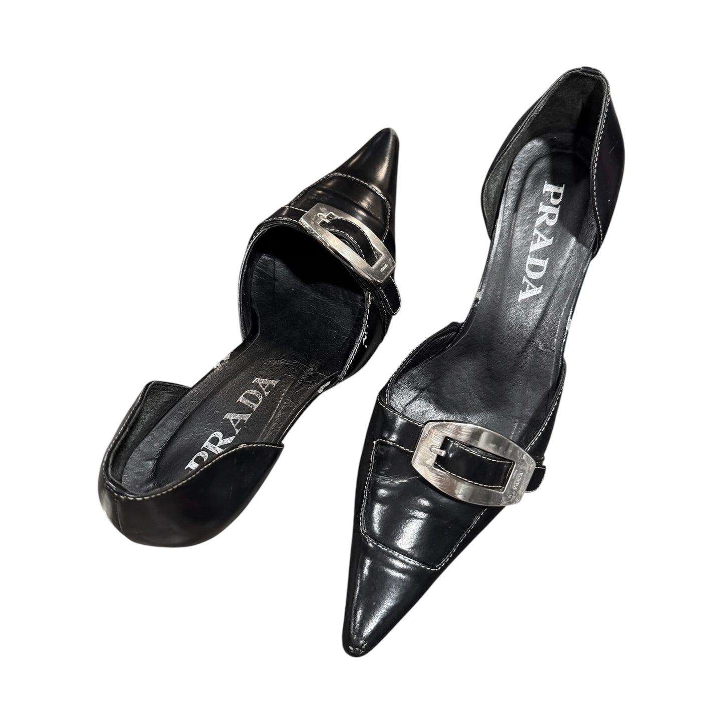 PRADA BUCKLED BLACK LEATHER KITTEN HEELS