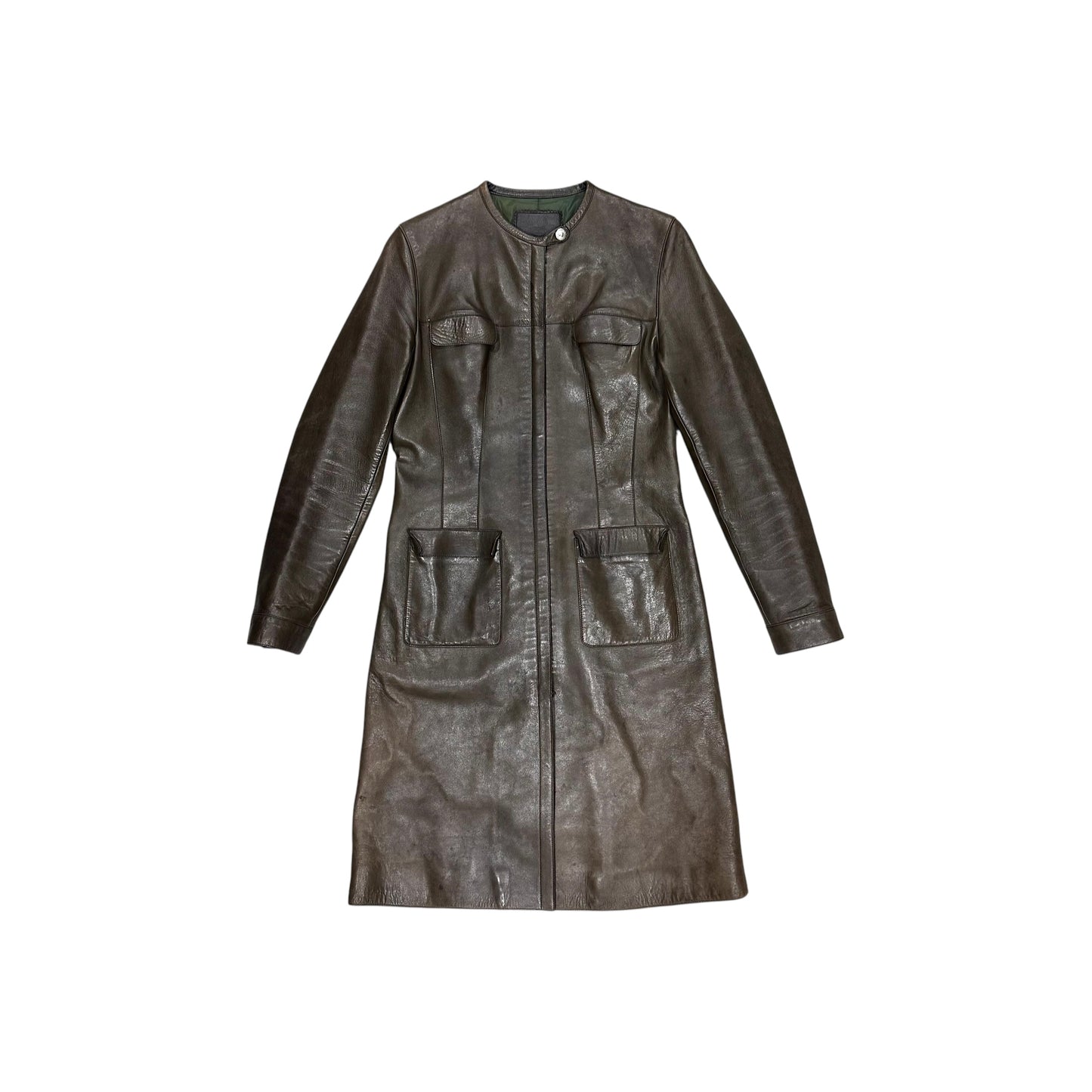 PRADA 1999 OLIVE BIKER LEATHER COAT