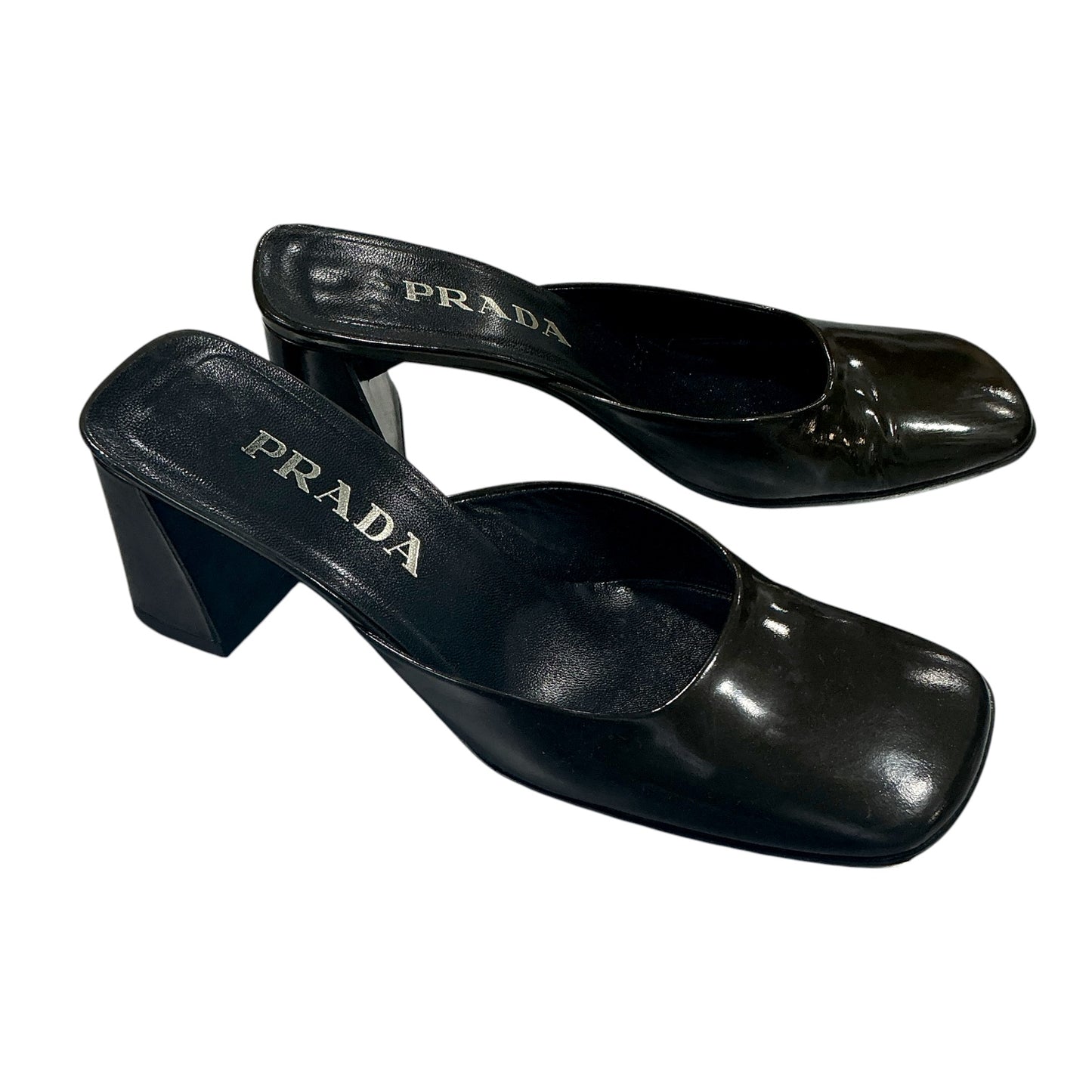 PRADA OLIVE PATENT LEATHER SQUARED HEELS