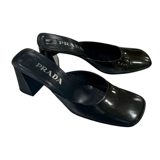 PRADA OLIVE PATENT LEATHER SQUARED HEELS