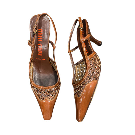 MIU MIU WOVEN BROWN SLINGBACK HEELS