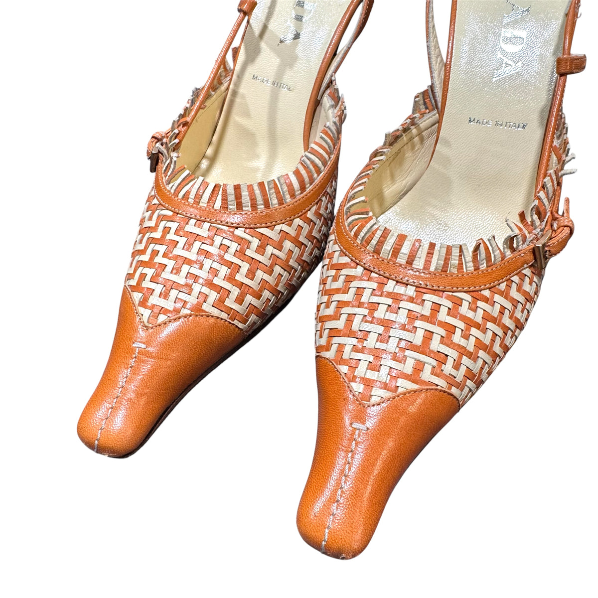 PRADA ORANGE WOVEN RUFFLED LEATHER SLINGBACK HEELS