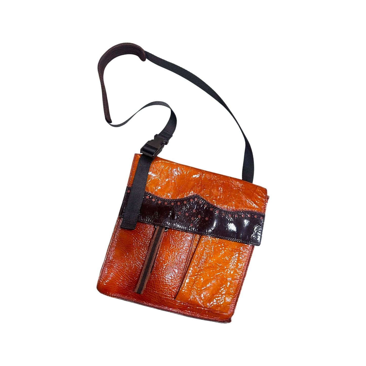 MIU MIU FW1999 BROGUE PATENT LEATHER MESH VELCRO CROSSBODY BAG