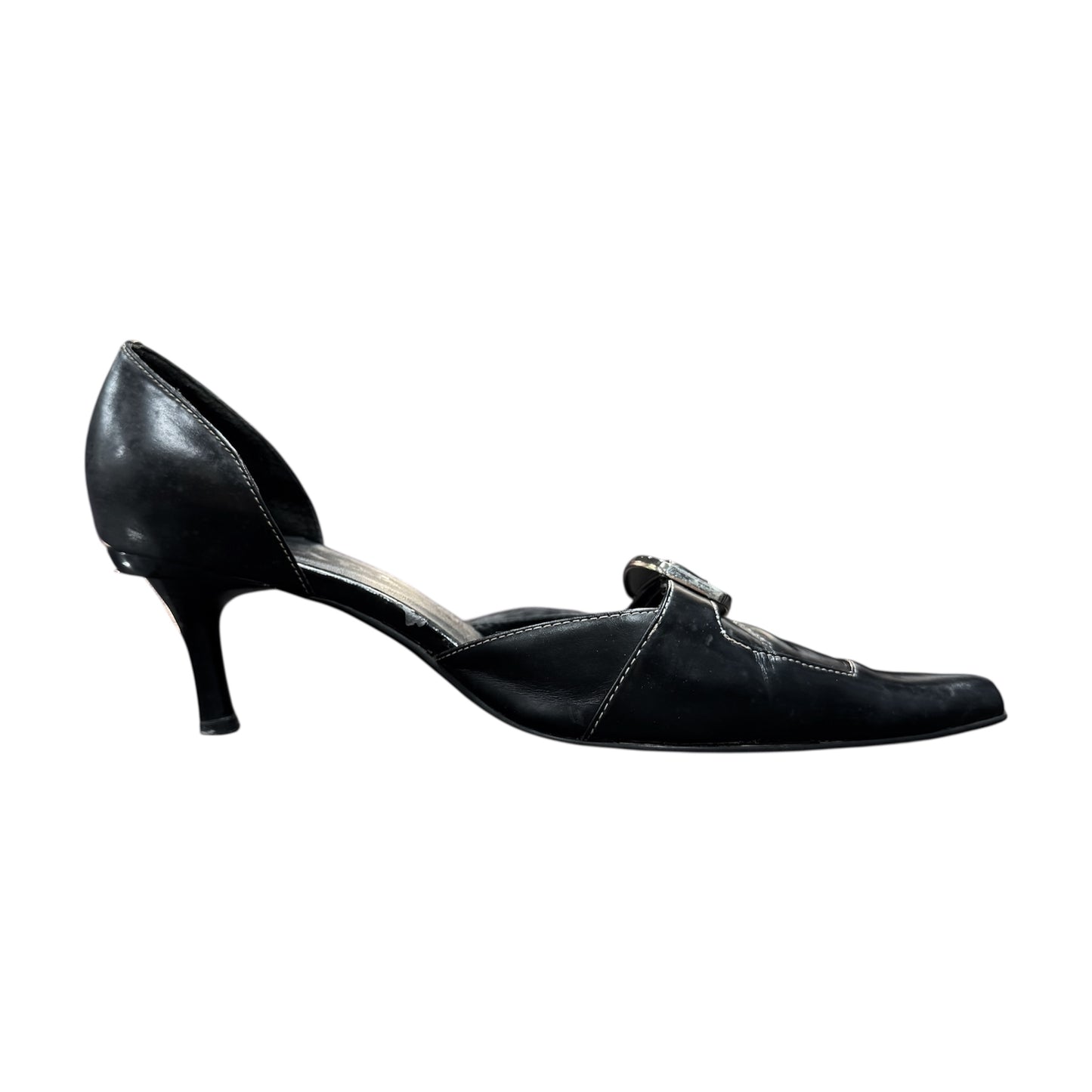 PRADA BUCKLED BLACK LEATHER KITTEN HEELS