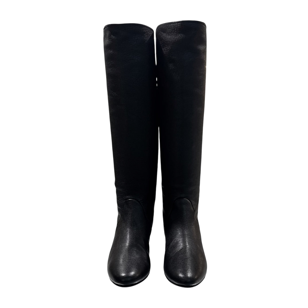 LANVIN BLACK LEATHER KNEE HIGH WEDGES BOOTS