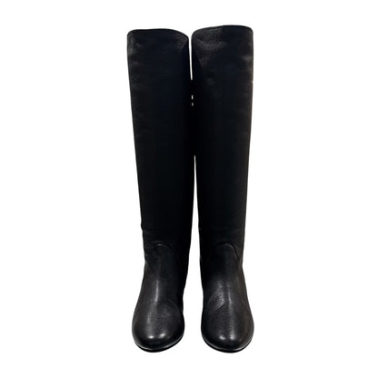LANVIN BLACK LEATHER KNEE HIGH WEDGES BOOTS