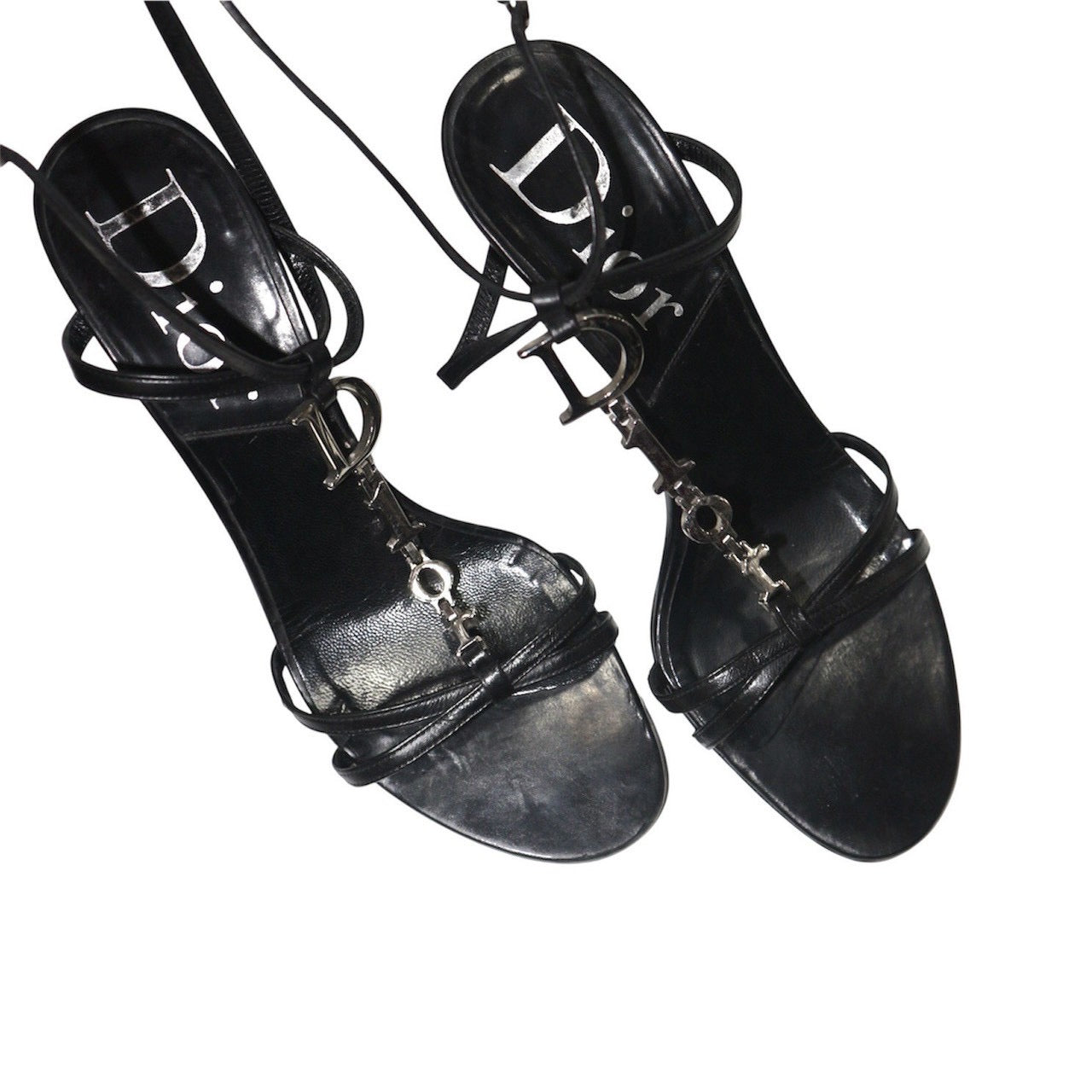 DIOR SILVER LOGO STRAPPY HEELS