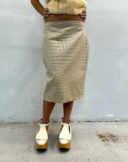 MOSCHINO PATENT CROCODILE EMBOSSED PENCIL SKIRT