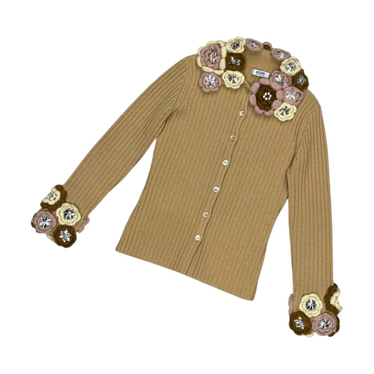MOSCHINO TAN FLOWER KNIT CARDIGAN