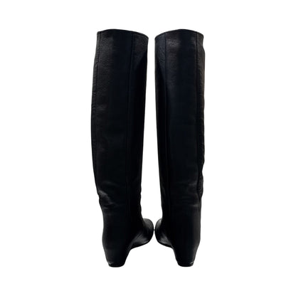 LANVIN BLACK LEATHER KNEE HIGH WEDGES BOOTS