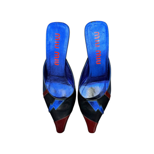 MIU MIU 2000S BLUE METALLIC LIGHT BOLT MULES