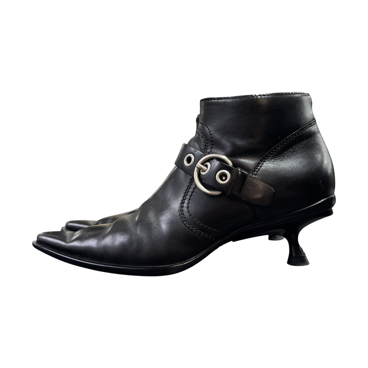 MIU MIU BLACK BUCKLED POINTED ANKLE BOOTS