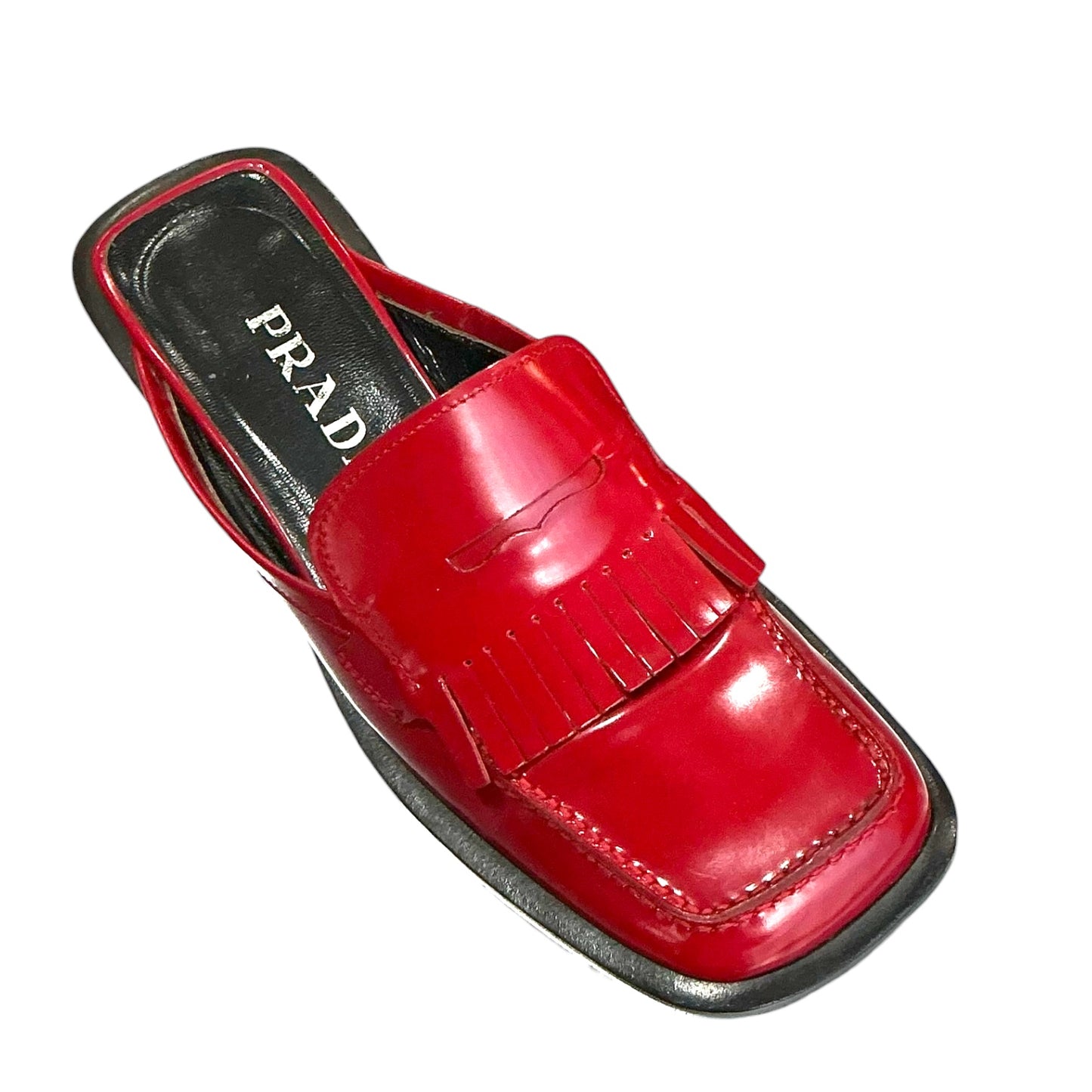 PRADA RED PATENT LEATHER LOAFER MULES
