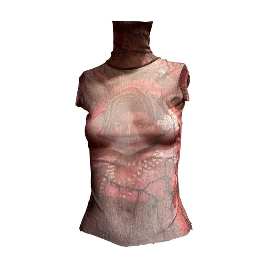 JEAN PAUL GAULTIER PRINTED MESH TURLE NECK TOP