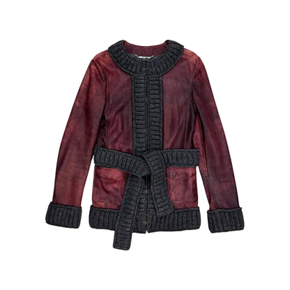 DOLCE & GABBANA 2000S RIBBED KNIT BURGUNDY LEATHER JACKET