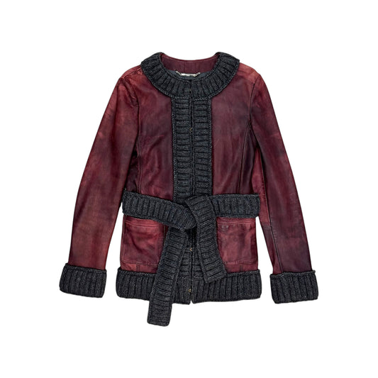 DOLCE & GABBANA 2000S RIBBED KNIT BURGUNDY LEATHER JACKET