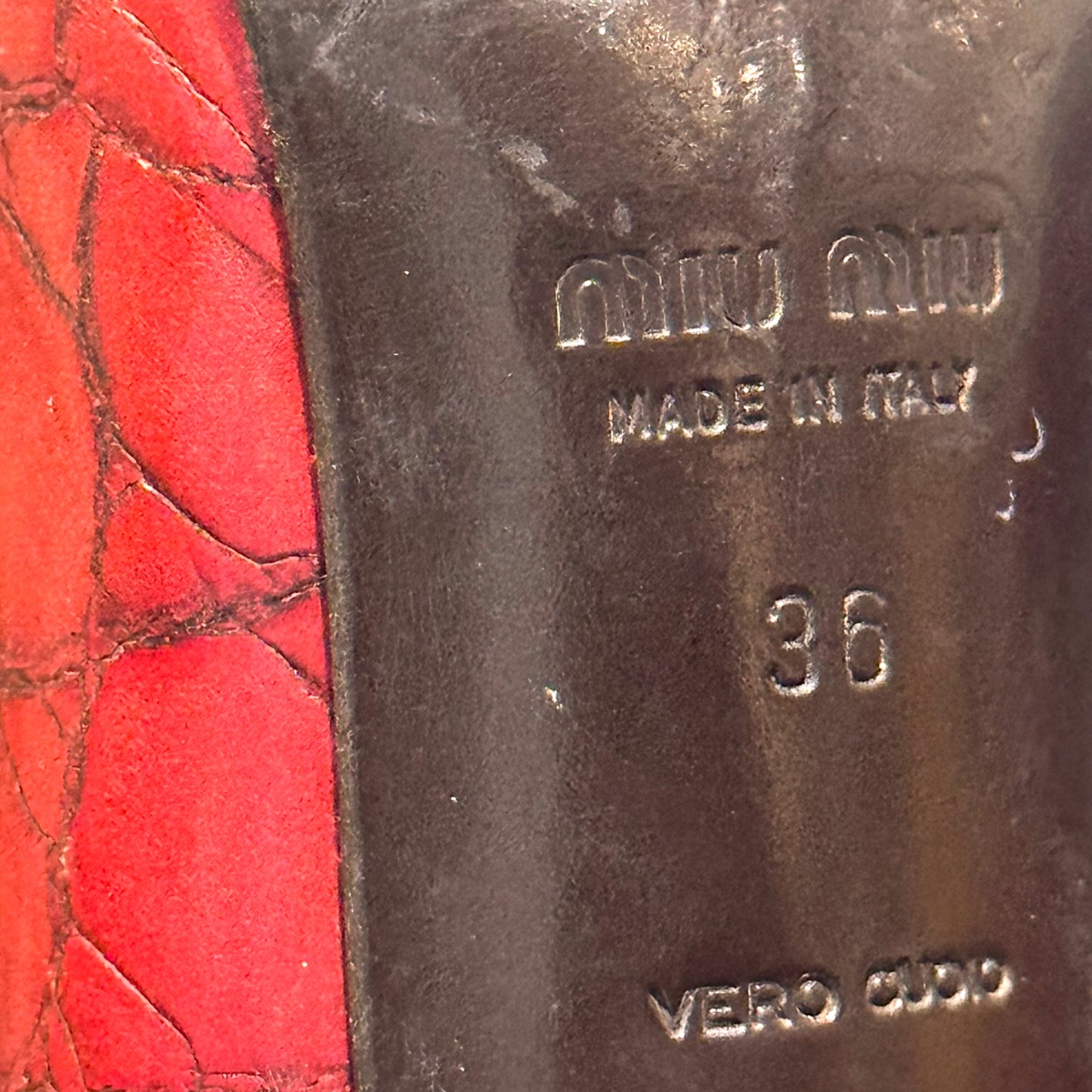 MIUMIU RED CROC LEATHER HEELS