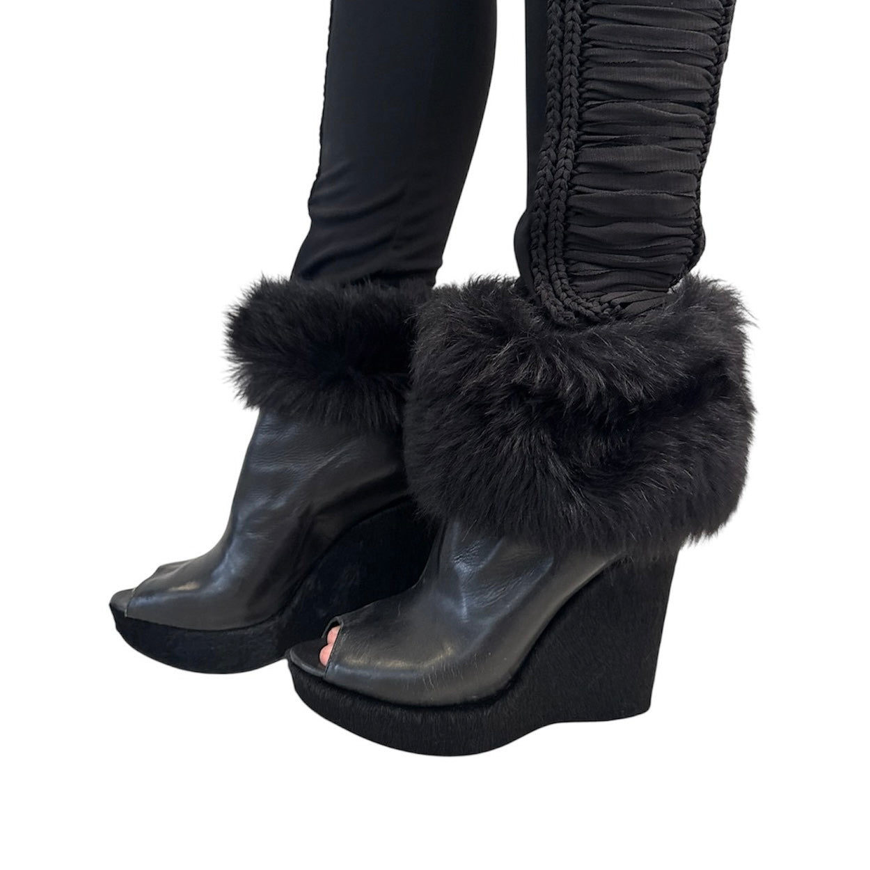 PRADA BLACK FUR WEDGE BOOTS