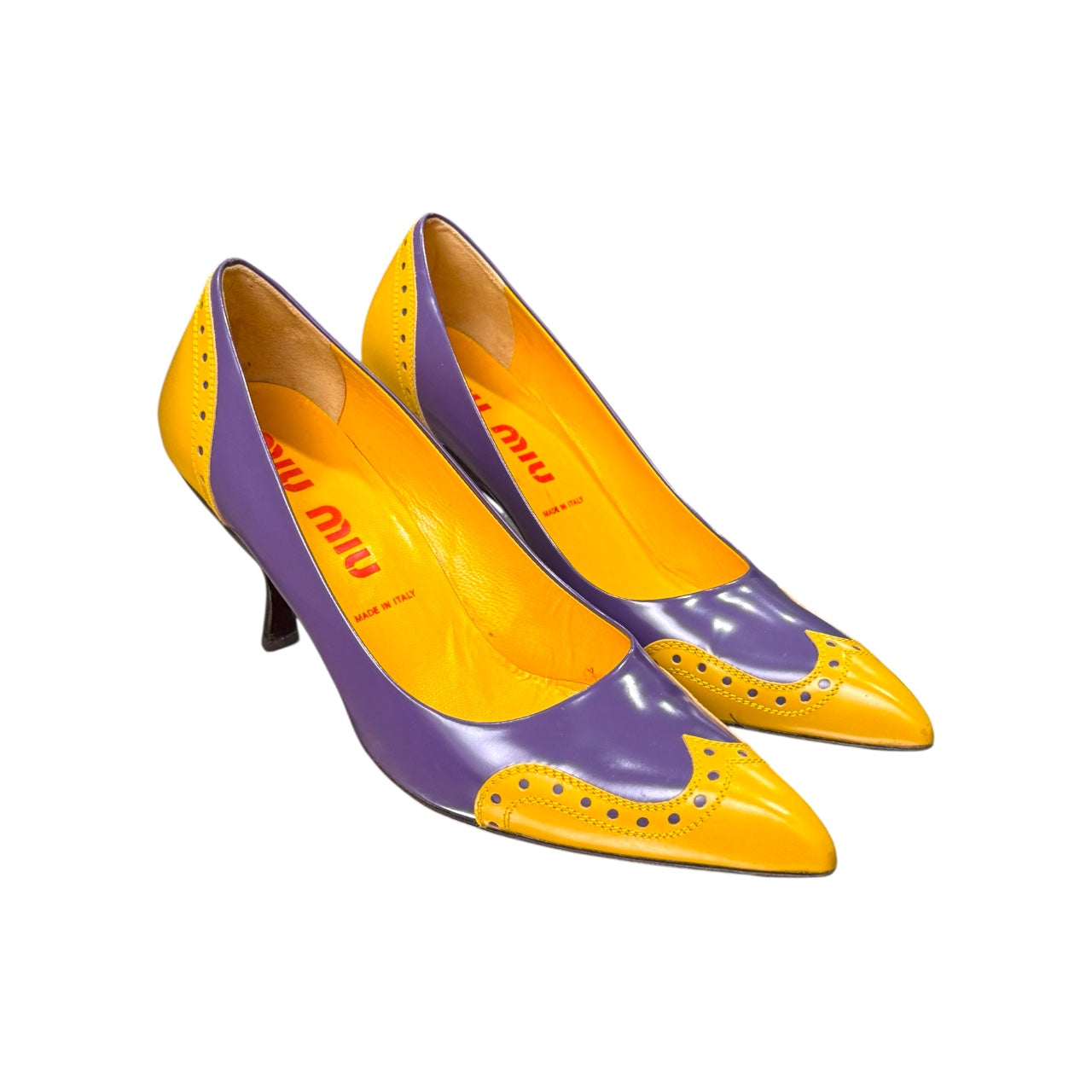 MIUMIU TWO-TONE MUSTARD AND PURPLE LEATHER PUMPS