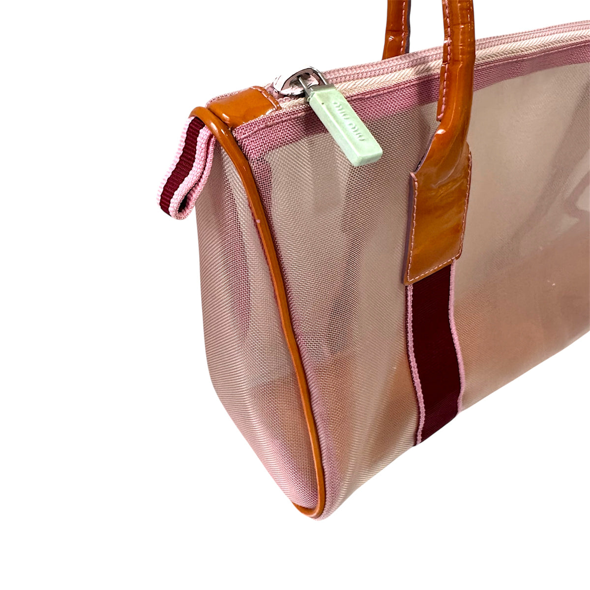 MIU MIU PINK LEATHER TRIMMED MESH BAG