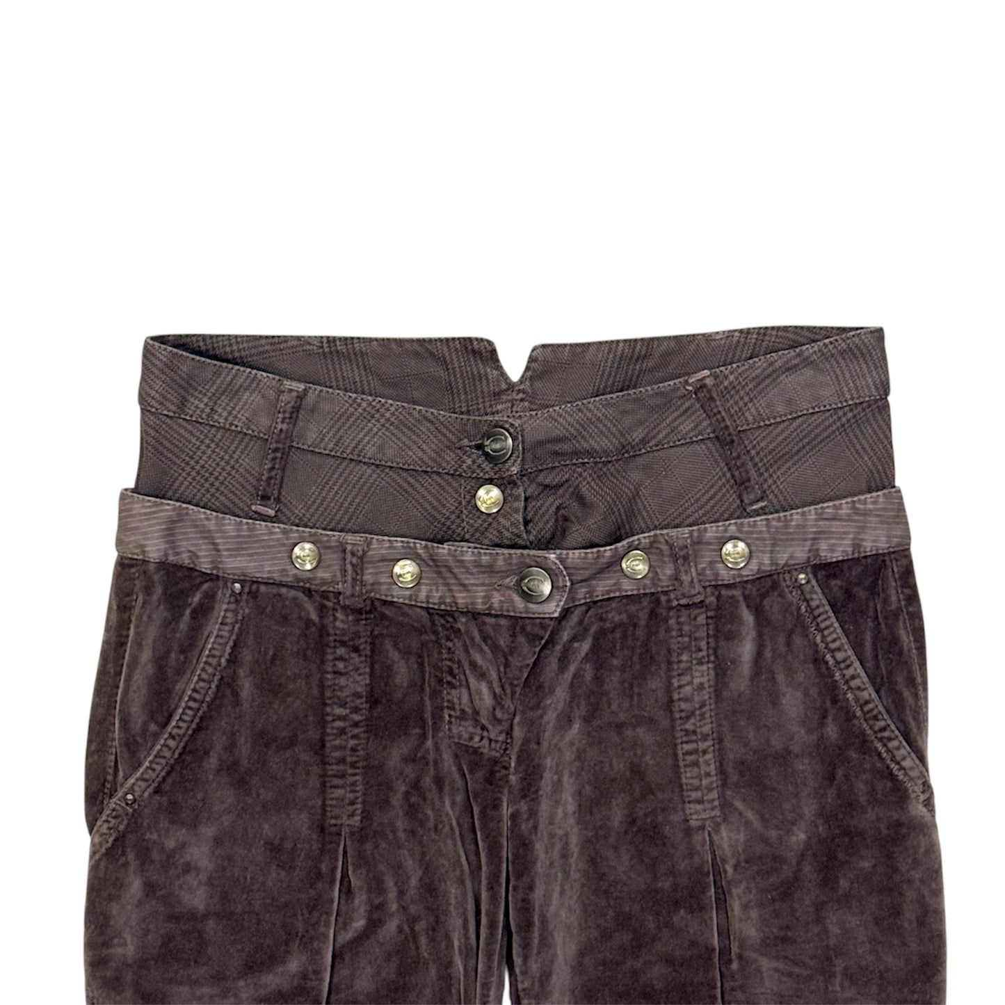 JUST CAVALLI BROWN VELVET DOUBLE WAIST PANELED CAPRIS
