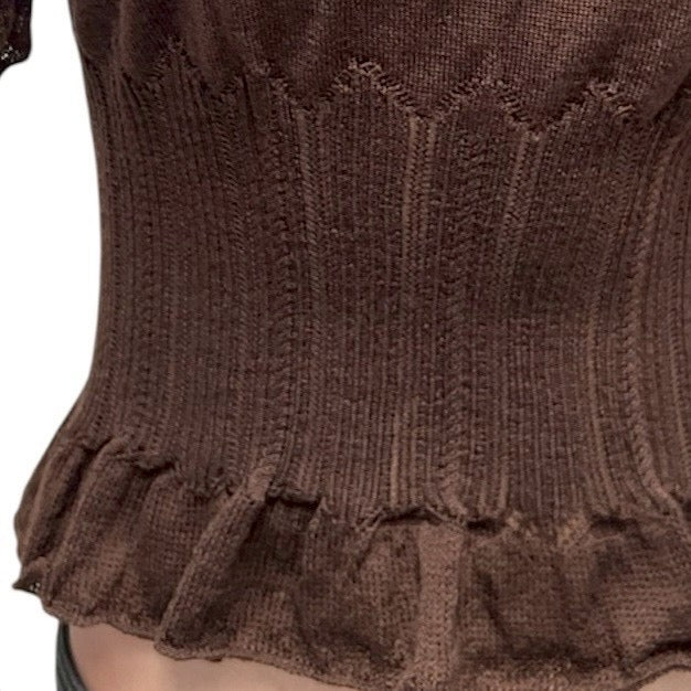 BLUMARINE BROWN MESH FLOWER KNIT TOP