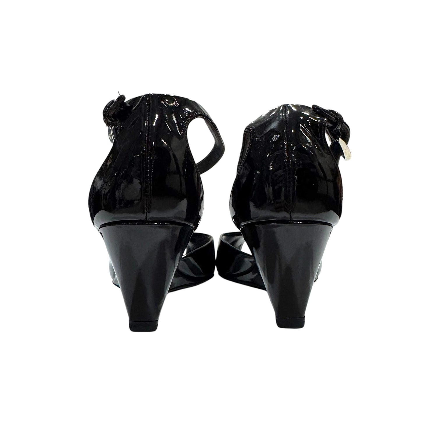 PRADA DARK BROWN PATENT LEATHER ANKLE STRAP HEELS