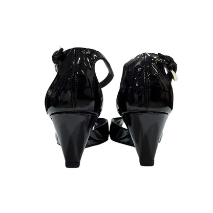 PRADA DARK BROWN PATENT LEATHER ANKLE STRAP HEELS